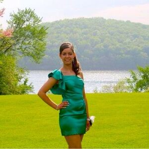 Emerald one shoulder satin dress